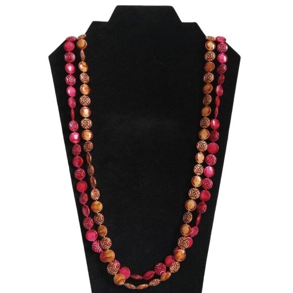 Red & Orange Geometric Pattern Plastic Beaded Lightweight Layering Necklaces - Picture 1 of 9